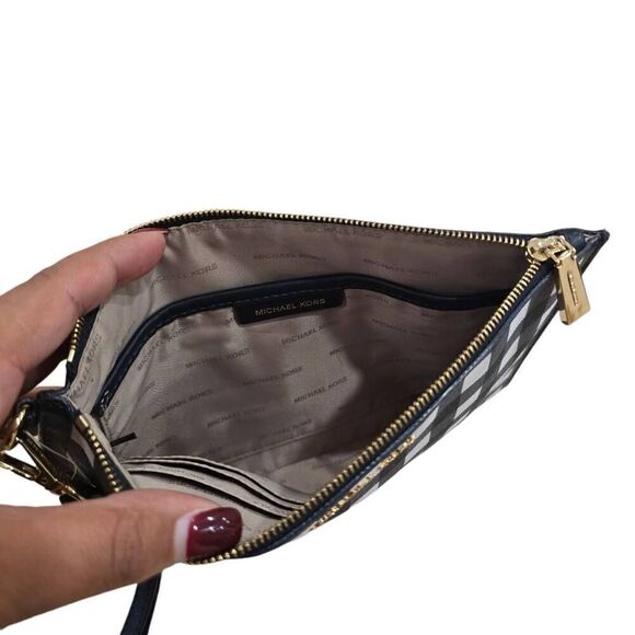 Michael Kors Wristlet Bag Women's Large Black White Gingham Designer‎ Zip Pouch - Picture 6 of 9